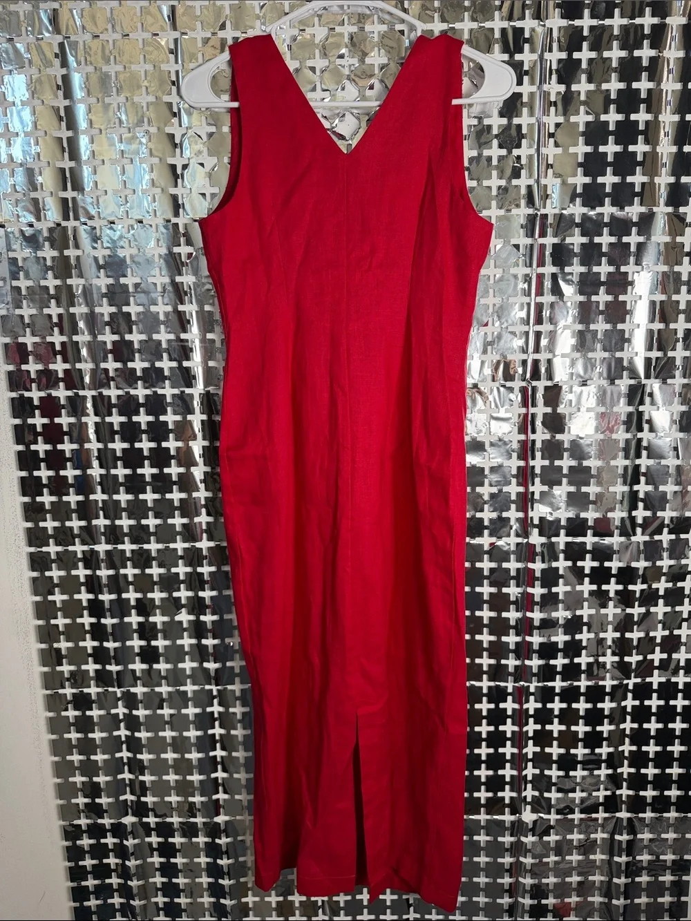 Iris & ink V-Neck Red Button-Front Maxi Dress with Front Slit